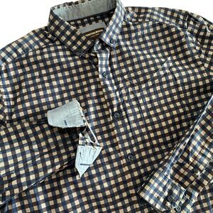 Johnston & Murphy Mens‎ Checkered Button Down Long Sleeve Dress Shirt Blue Brown